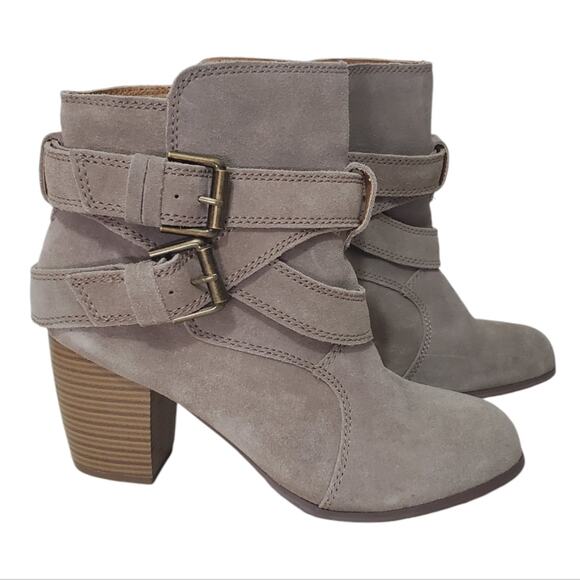 Mossimo | Suede Buckle Strap Taupe Heeled Booties - Picture 1 of 13